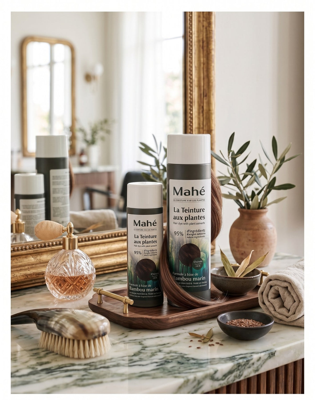 Gamme MAHÉ Teinture aux Plantes devant un miroir